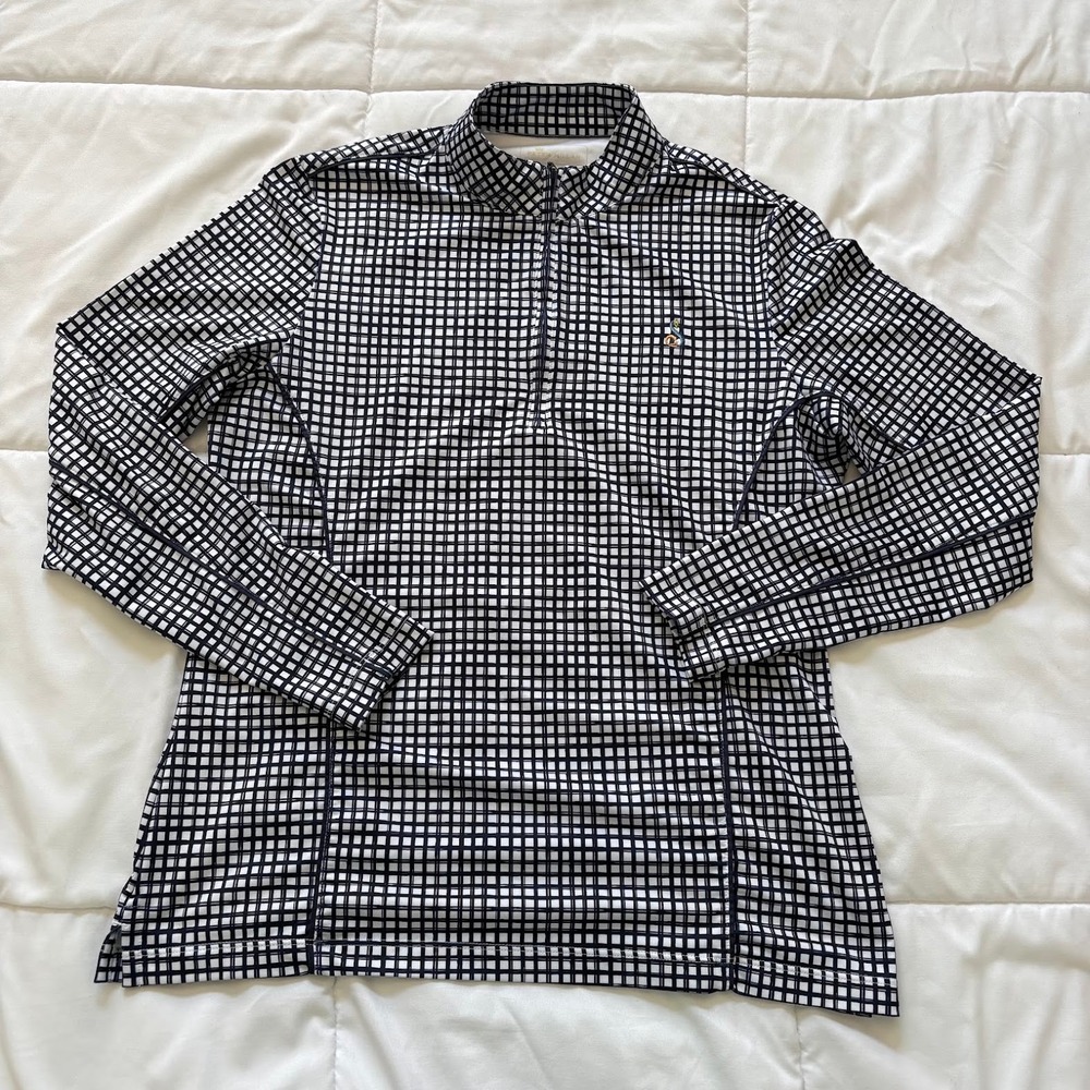 Peter Millar Crown Sport Navy White Grid Check 1/4 Zip Sun Shirt UPF 50+ Medium